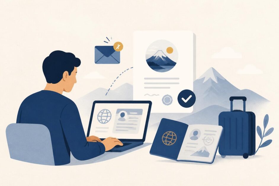 Persona preparando en una laptop la solicitud electrónica de visa turística, con pasaporte y maleta.