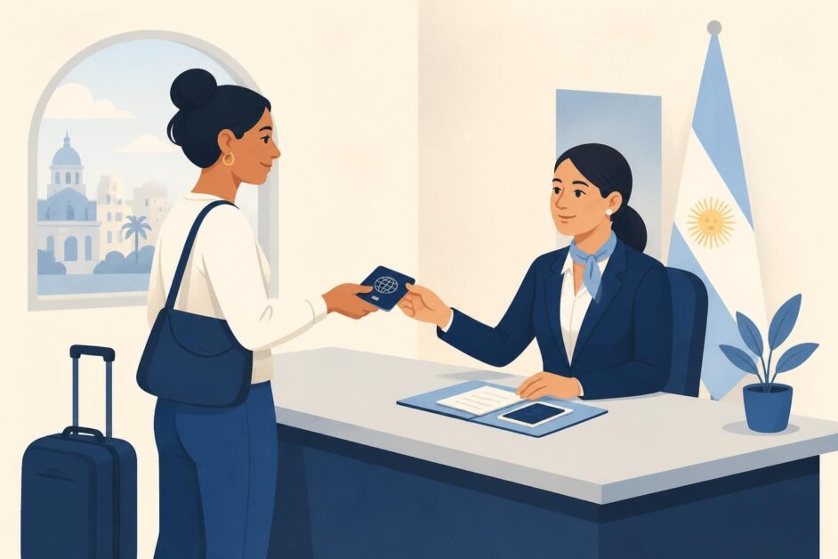 Viajera entrega su pasaporte y documentos a una funcionaria en un consulado argentino.