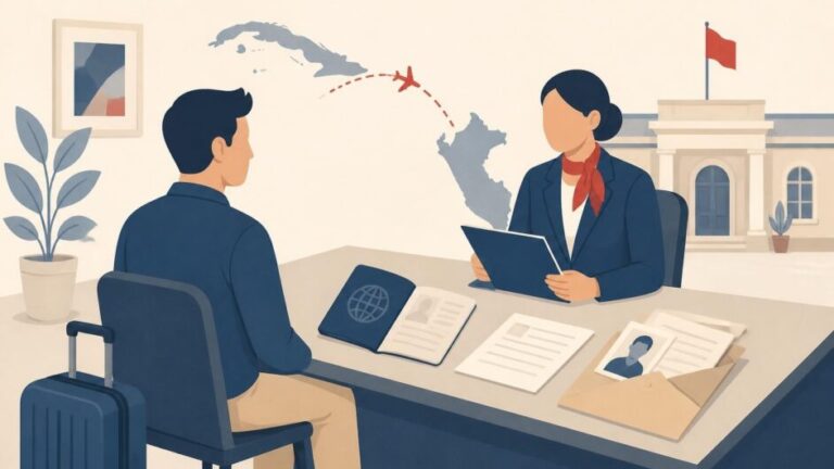 Persona presenta pasaporte y documentos en una oficina consular para un viaje turístico a Perú.