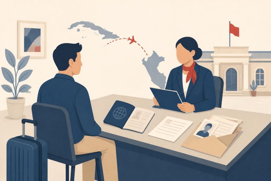 Persona presenta pasaporte y documentos en una oficina consular para un viaje turístico a Perú.