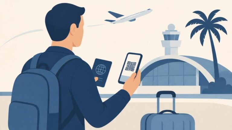 Viajero con pasaporte y teléfono mostrando un código QR junto a su maleta en una terminal de llegada.