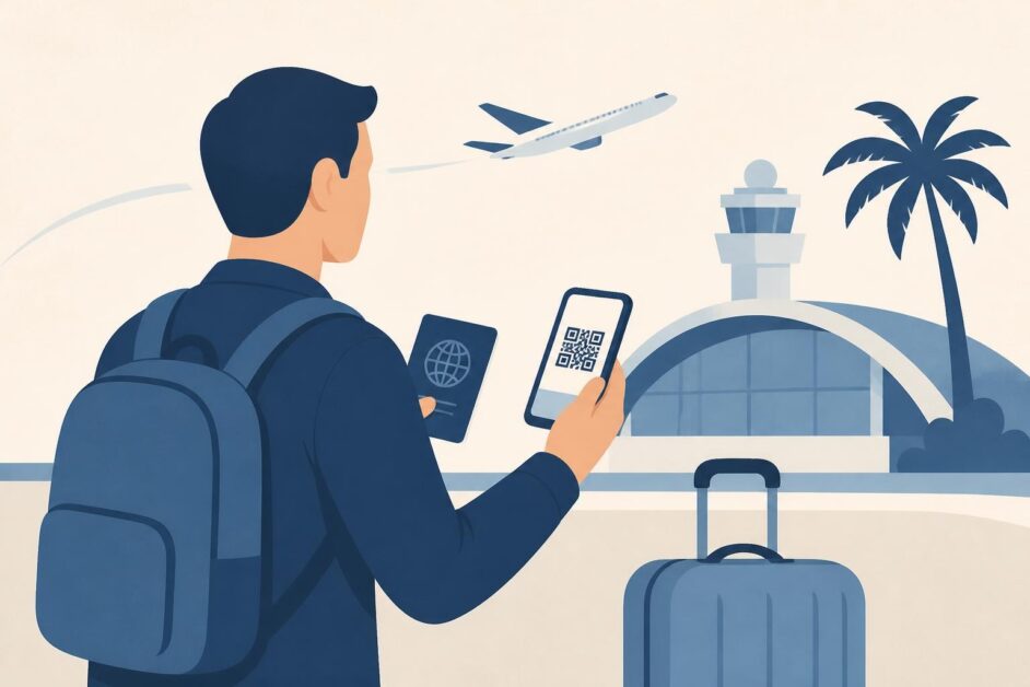 Viajero con pasaporte y teléfono mostrando un código QR junto a su maleta en una terminal de llegada.