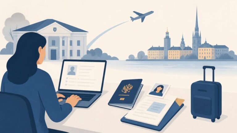 Persona prepara pasaporte y documentos en una laptop para solicitar una visa de viaje a Suecia.