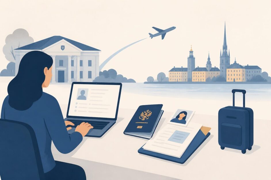 Persona prepara pasaporte y documentos en una laptop para solicitar una visa de viaje a Suecia.