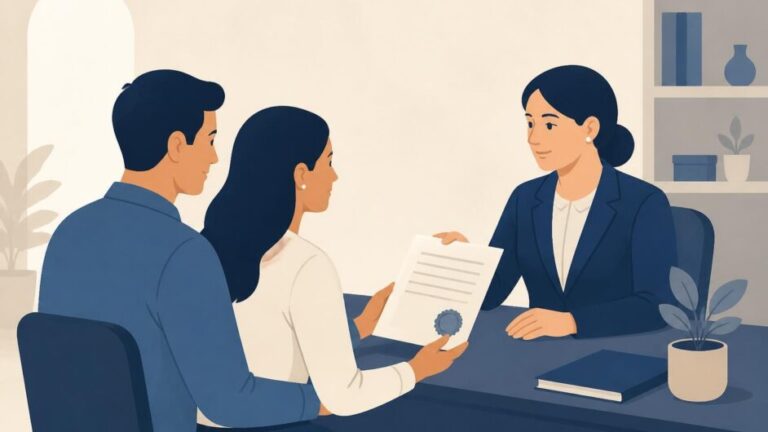 Dos adultos entregan documentos a una notaria para formalizar su unión.