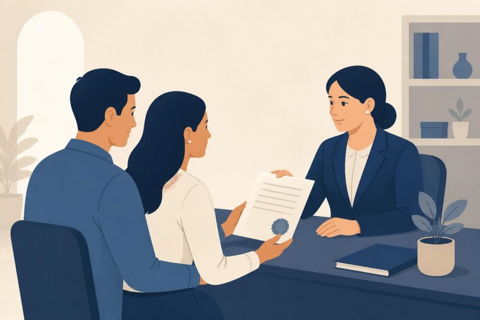 Dos adultos entregan documentos a una notaria para formalizar su unión.