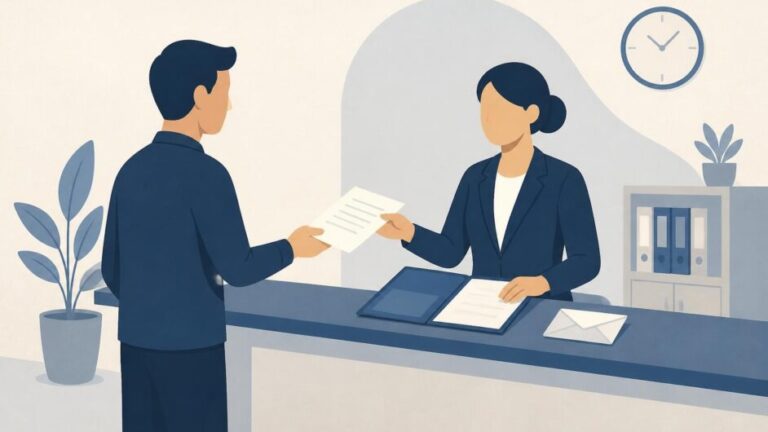 Persona entrega un documento en un mostrador de atención pública mientras una trabajadora registra el trámite.