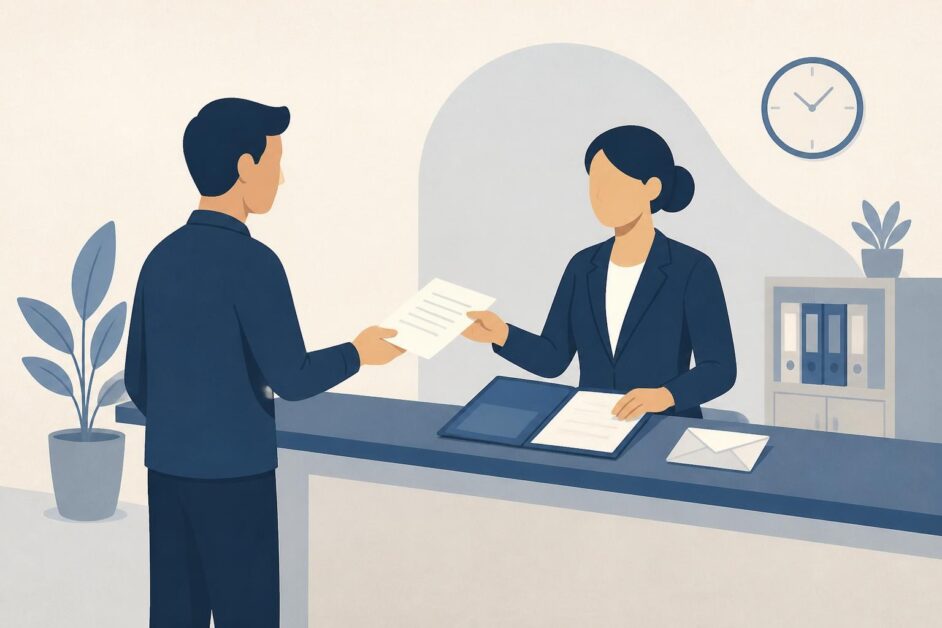 Persona entrega un documento en un mostrador de atención pública mientras una trabajadora registra el trámite.
