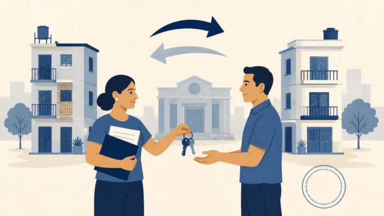 Dos personas intercambian llaves y documentos frente a viviendas y una oficina pública.