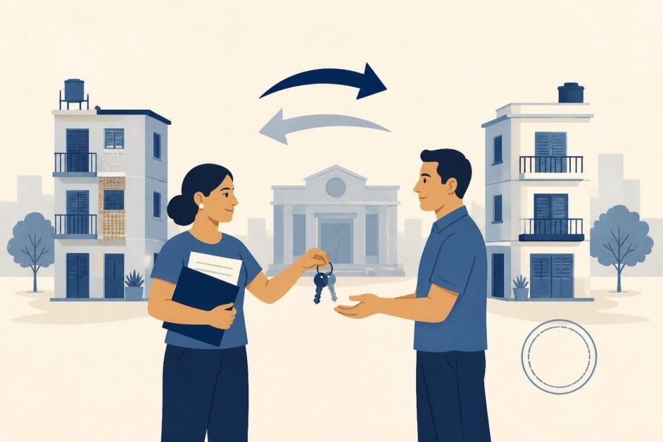 Dos personas intercambian llaves y documentos frente a viviendas y una oficina pública.