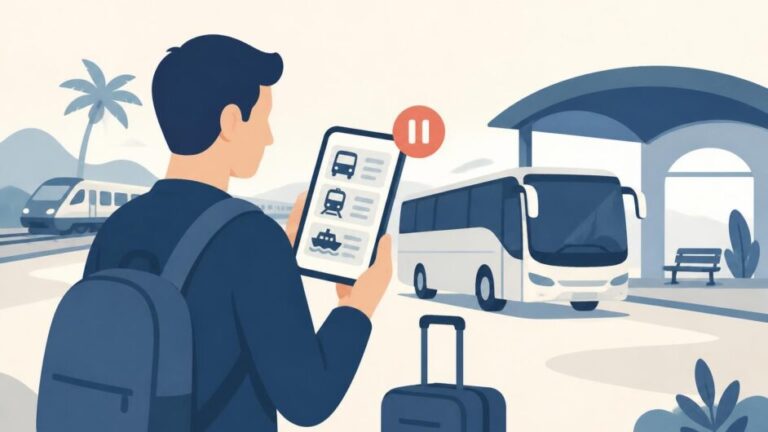 Persona con teléfono y maleta frente a una terminal con un autobús interprovincial y señal de pausa.