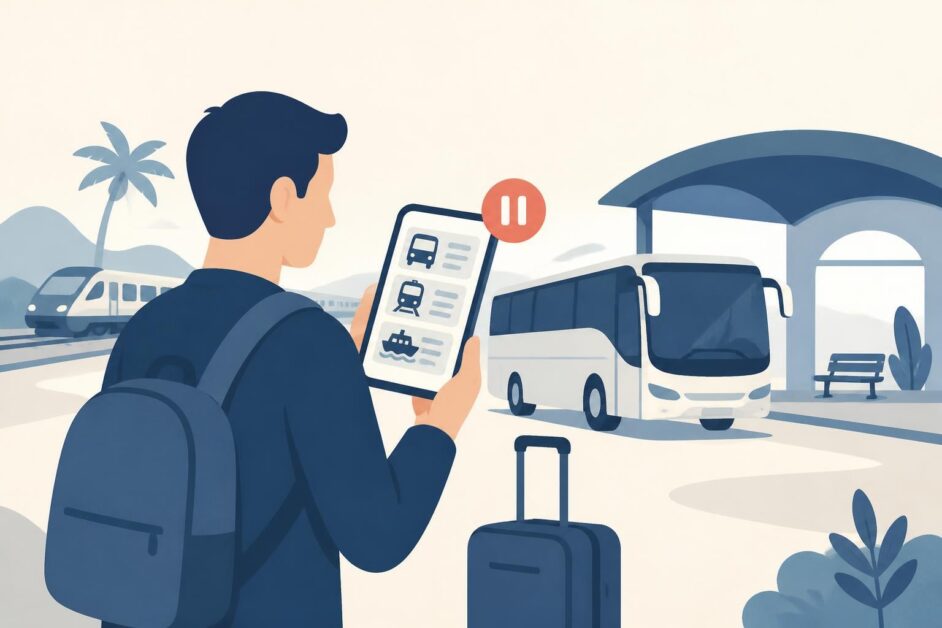 Persona con teléfono y maleta frente a una terminal con un autobús interprovincial y señal de pausa.