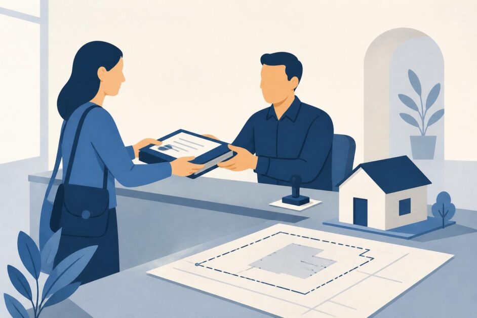 Persona entrega documentos sobre una vivienda a un funcionario junto a un plano de linderos.