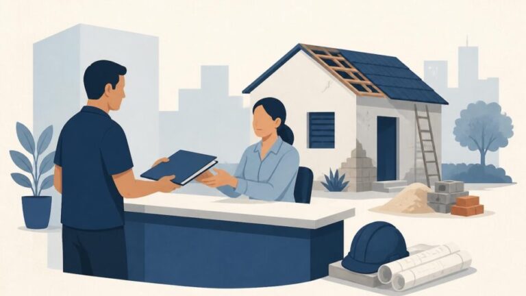 Persona presenta documentos en una oficina municipal para reparar una vivienda.