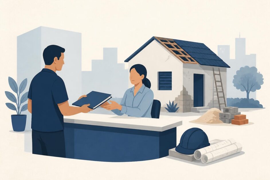 Persona presenta documentos en una oficina municipal para reparar una vivienda.