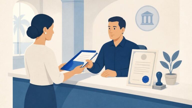 Persona entrega documentos a un funcionario en una oficina de Registro Civil.