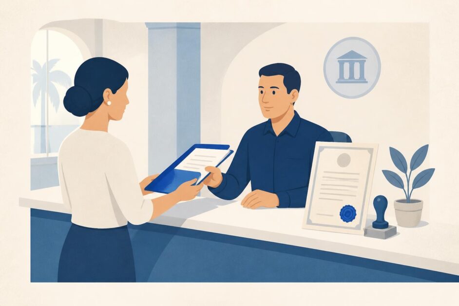 Persona entrega documentos a un funcionario en una oficina de Registro Civil.