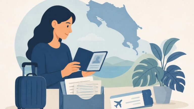 Persona con pasaporte y documentos de viaje junto a una maleta, con una silueta de Costa Rica al fondo.
