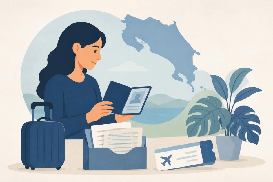 Persona con pasaporte y documentos de viaje junto a una maleta, con una silueta de Costa Rica al fondo.