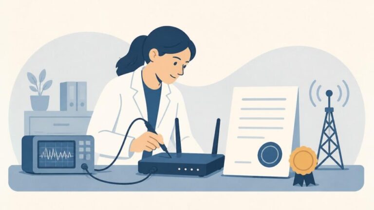 Técnica verifica un router y un equipo de medición junto a un documento de certificación.
