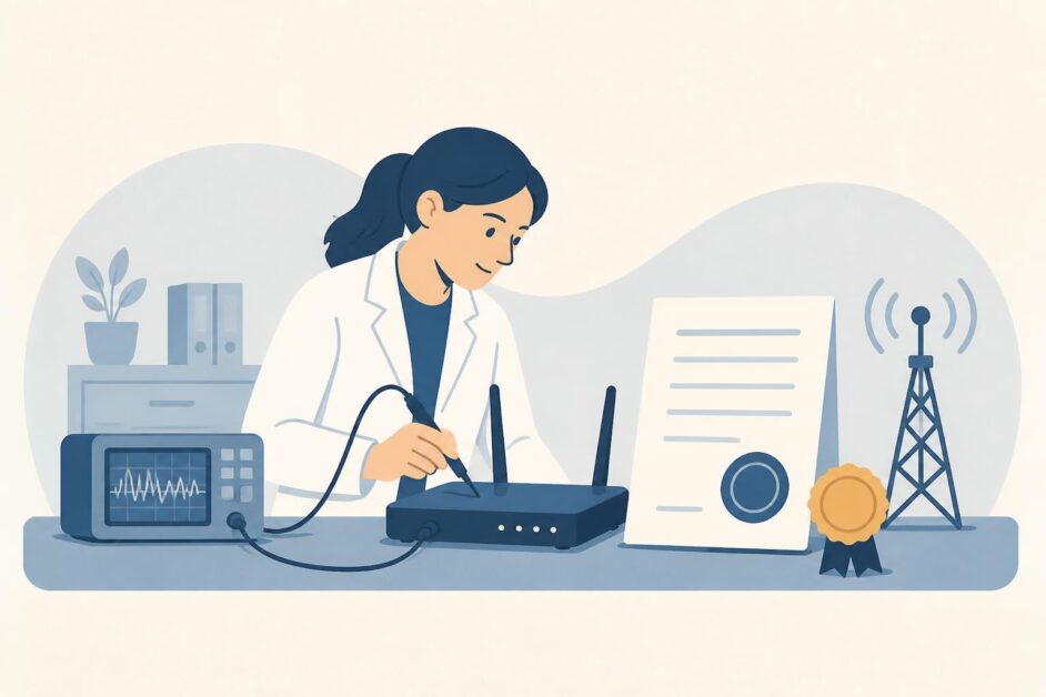 Técnica verifica un router y un equipo de medición junto a un documento de certificación.