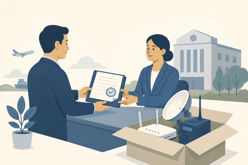Representante empresarial entrega documentos para autorizar la importación de equipos de telecomunicaciones.