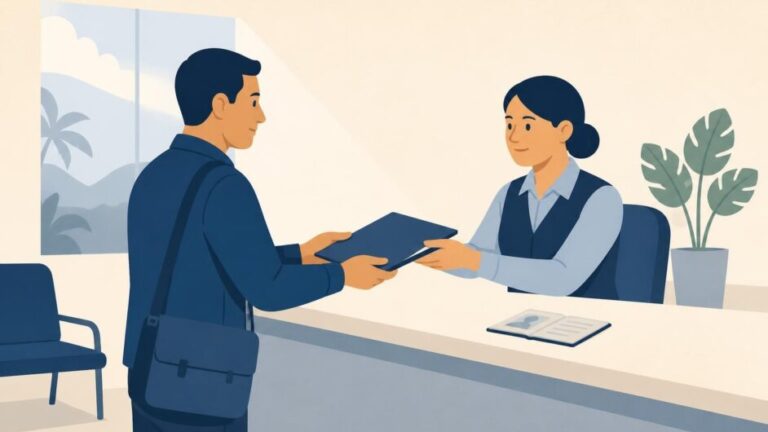 Persona entrega documentos a una funcionaria de migración en una oficina pública costarricense.
