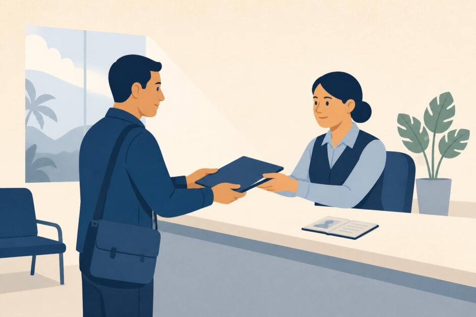 Persona entrega documentos a una funcionaria de migración en una oficina pública costarricense.
