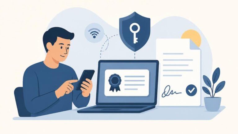 Persona usando un móvil y una computadora para obtener un certificado digital protegido.
