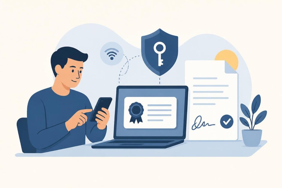 Persona usando un móvil y una computadora para obtener un certificado digital protegido.