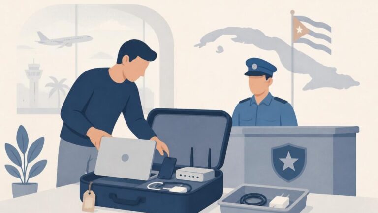 Viajero con una maleta abierta que contiene laptop, móviles y router ante un mostrador aduanal.