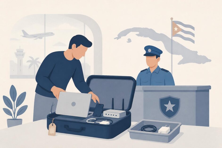 Viajero con una maleta abierta que contiene laptop, móviles y router ante un mostrador aduanal.