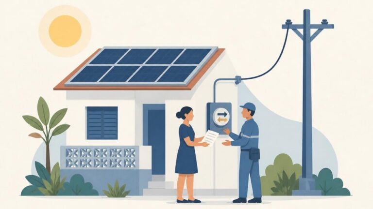 Propietaria y técnico revisan el contador de una vivienda con paneles solares conectada a la red eléctrica.