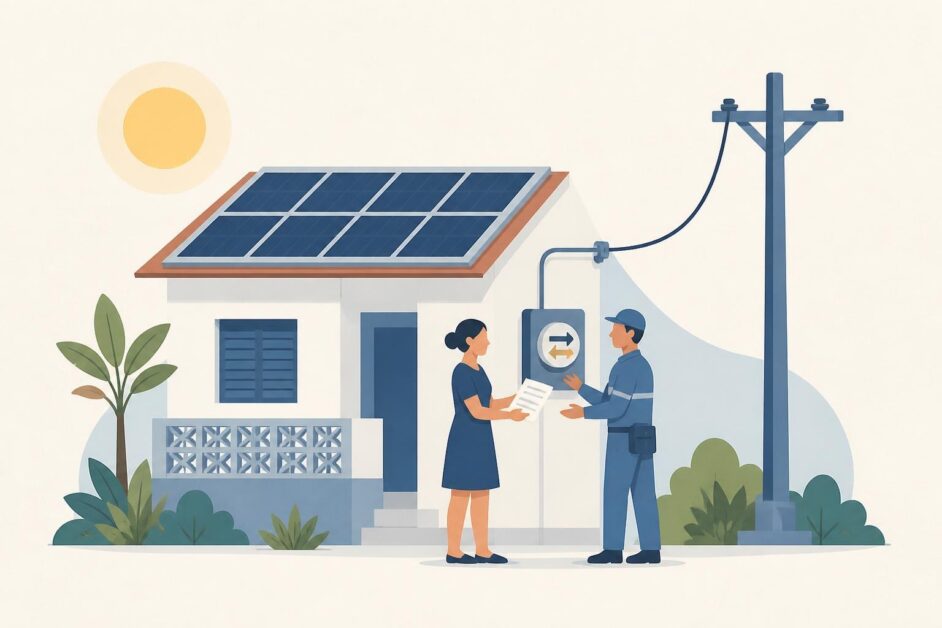 Propietaria y técnico revisan el contador de una vivienda con paneles solares conectada a la red eléctrica.
