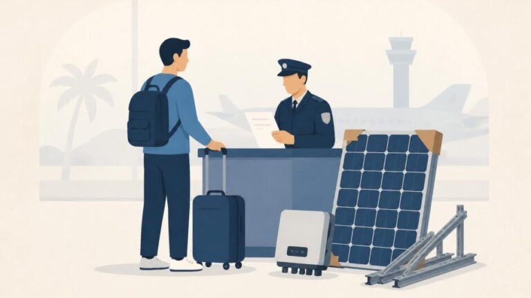 Viajera presenta un panel solar embalado y componentes separados ante un oficial de aduana.