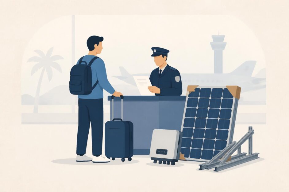 Viajera presenta un panel solar embalado y componentes separados ante un oficial de aduana.