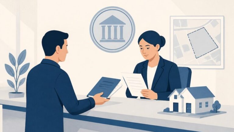 Persona entrega documentos de una vivienda a un registrador en una oficina pública.