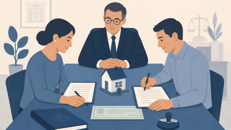 Notario, comprador y vendedor firman la venta de una vivienda con un cheque bancario sobre la mesa.