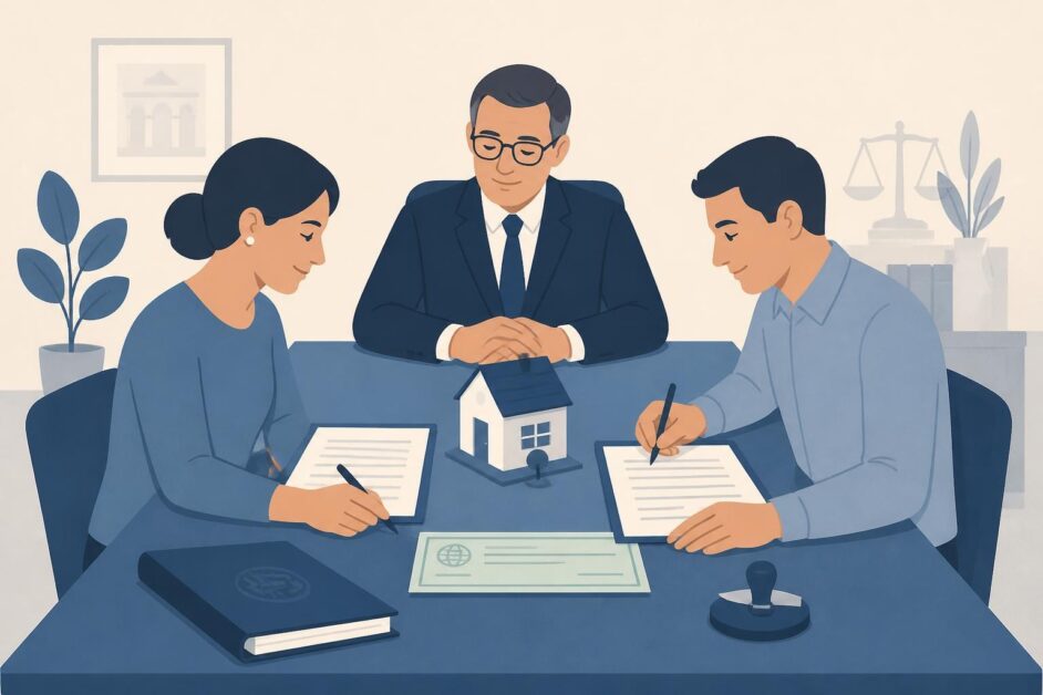 Notario, comprador y vendedor firman la venta de una vivienda con un cheque bancario sobre la mesa.