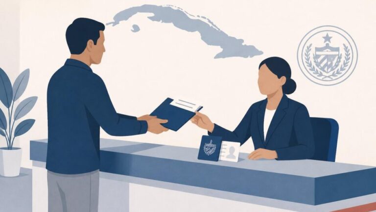 Persona entrega documentos en una oficina migratoria cubana con un mapa de Cuba al fondo.