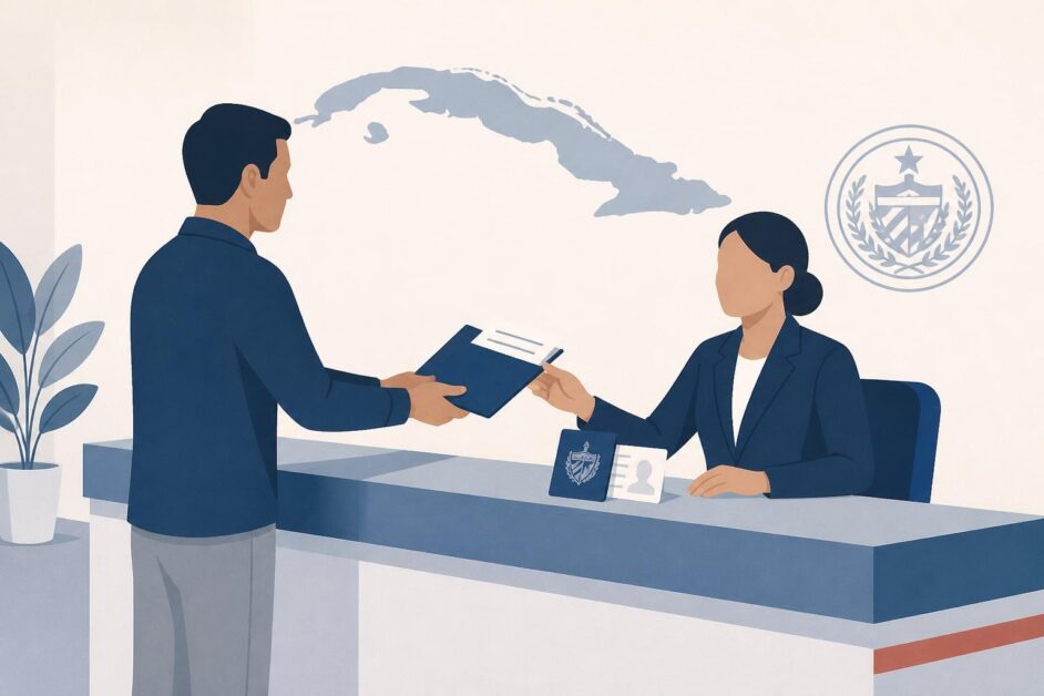 Persona entrega documentos en una oficina migratoria cubana con un mapa de Cuba al fondo.