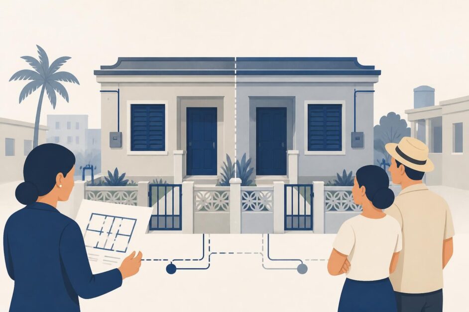 Vivienda dividida en dos unidades independientes con arquitecta y propietarios revisando el proyecto.