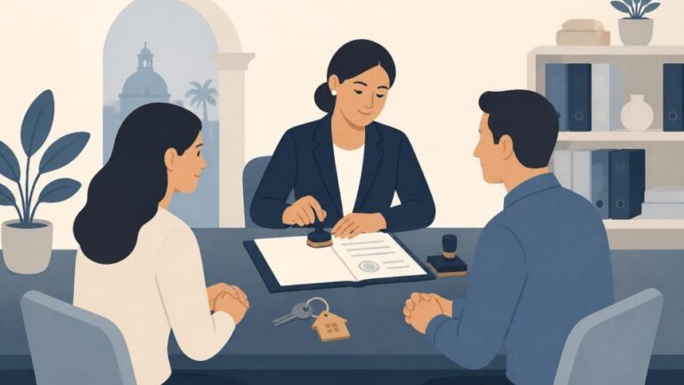 Legataria y heredero firman una escritura ante una notaria, con llaves y documento sobre el escritorio.