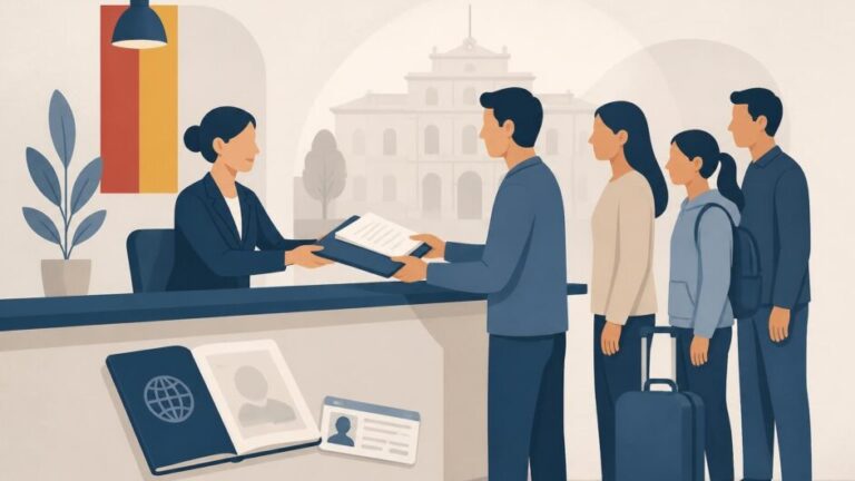 Familia entrega documentos en una oficina administrativa española para solicitar residencia.