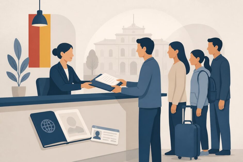 Familia entrega documentos en una oficina administrativa española para solicitar residencia.