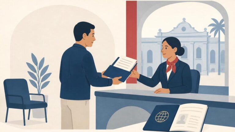 Persona entrega documentos y pasaporte en un mostrador consular para solicitar un visado de residencia.