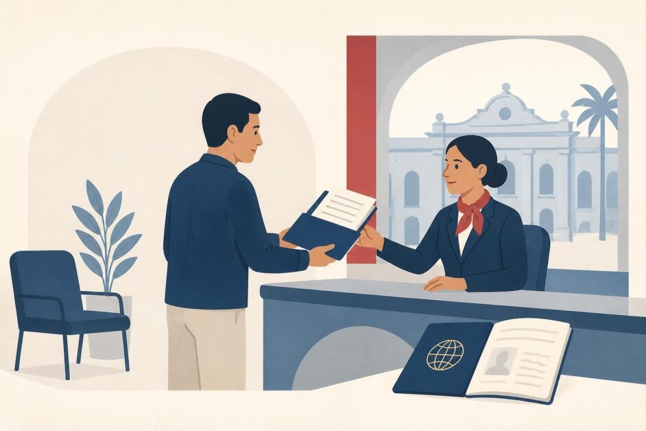 Persona entrega documentos y pasaporte en un mostrador consular para solicitar un visado de residencia.