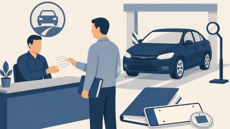Persona entrega documentos en una oficina mientras un automóvil espera para su inscripción.
