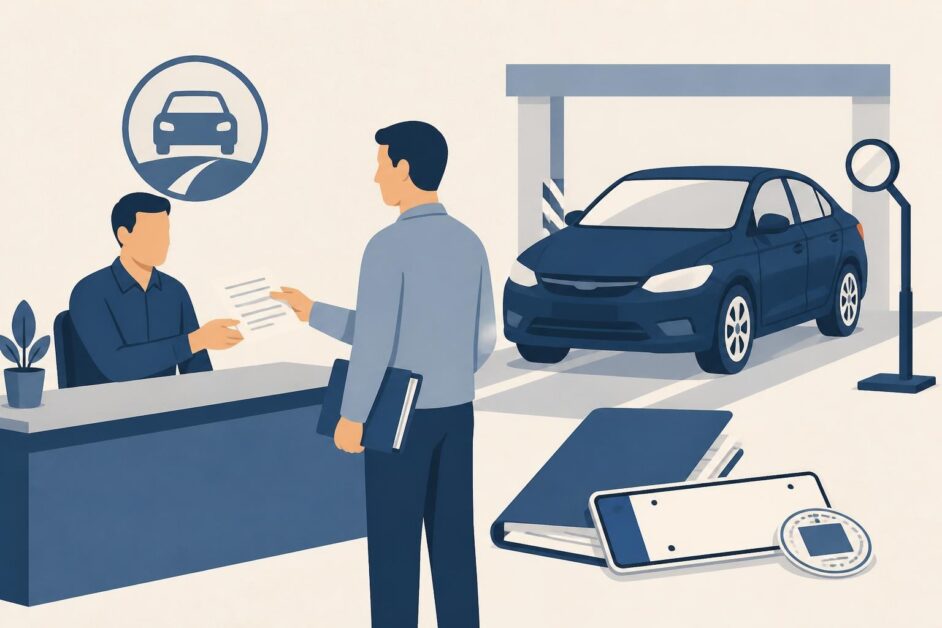 Persona entrega documentos en una oficina mientras un automóvil espera para su inscripción.