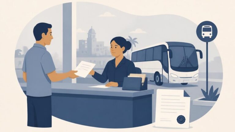 Persona entrega documentos en una oficina de transporte junto a un vehículo de pasajeros.